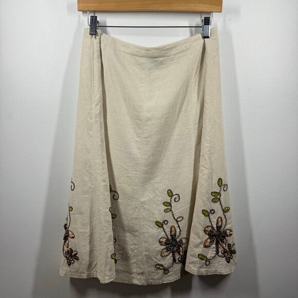 Womens Skirt 10 Cream Linen Blend Floral Beaded Embroidery Lagenlook Boho Spring - Picture 5 of 9